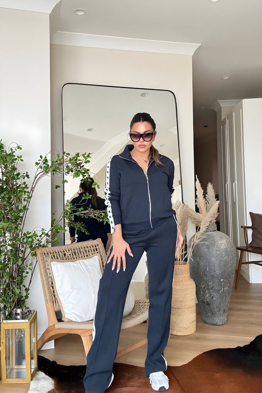 Star Striped Honeycomb Textured Tracksuit Set - Navy Blue