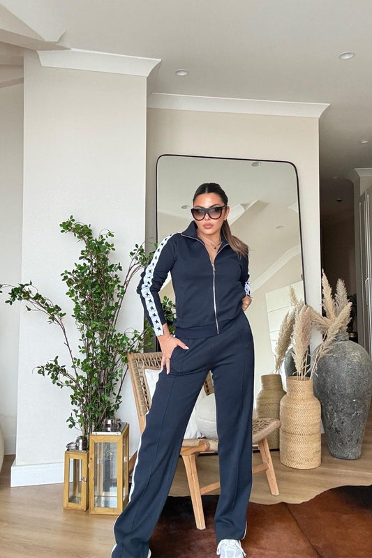 Star Striped Honeycomb Textured Tracksuit Set - Navy Blue