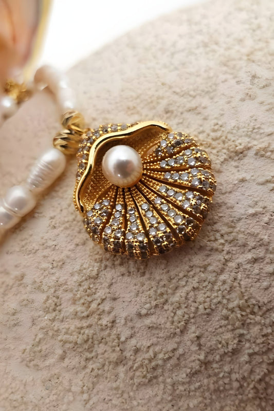 Stone Oyster Pearl Necklace - Gold