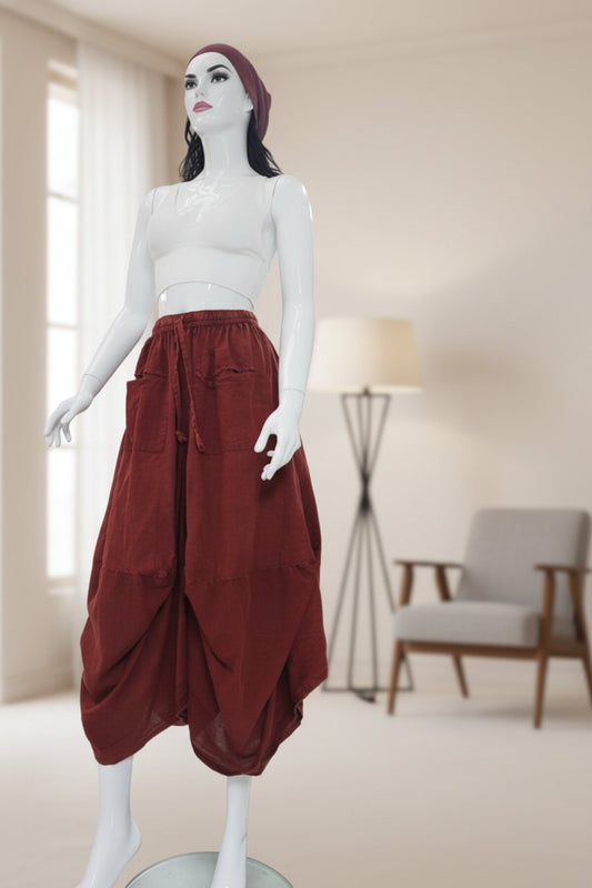 Stone-Washed Long Harem Skirt with Pockets - Colorful Ethnic