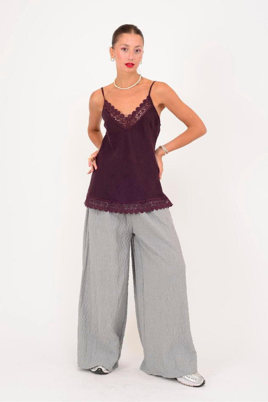 Strappy Linen Lace-Detail Blouse - Plum