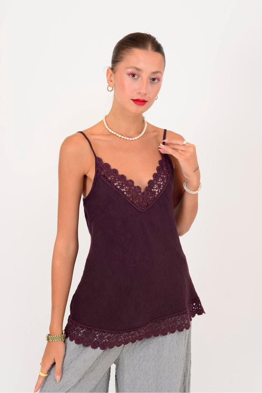 Strappy Linen Lace-Detail Blouse - Plum