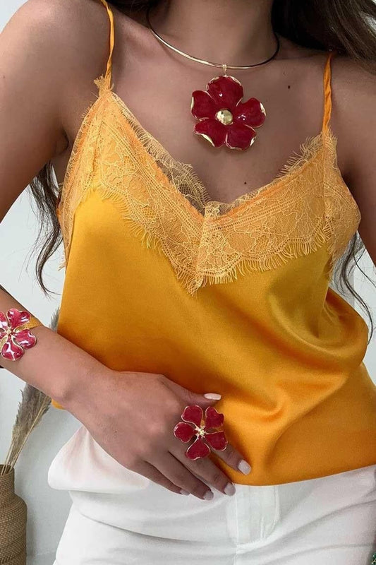 Strappy Satin Lace-Collar Blouse - Light Orange