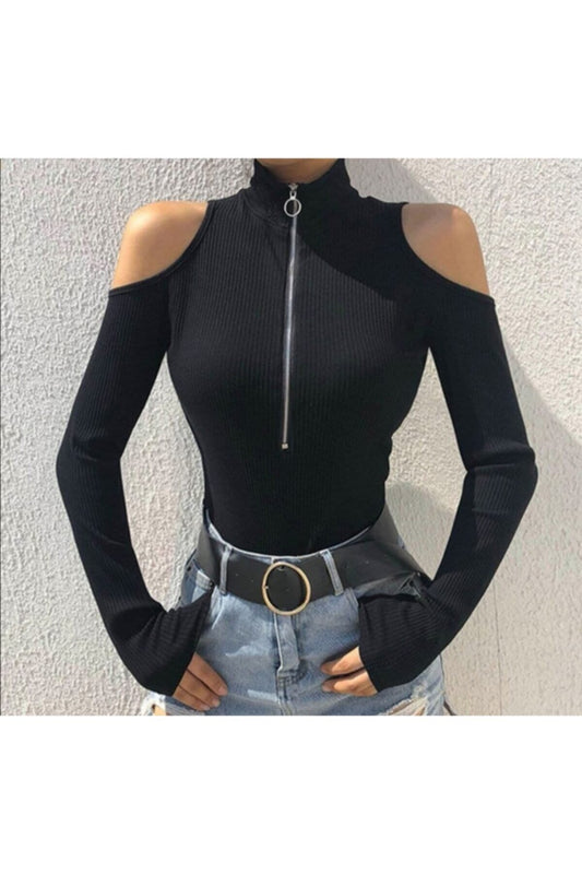 Stretchy Cropped Ribbed Zippered Shoulder Detail Bodysuit - Black