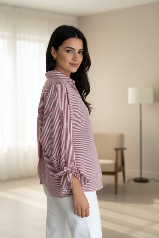 Striped Asymmetric Back Slit Blouse Shirt - Burgundy