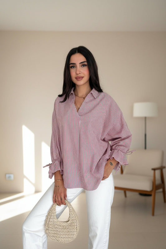 Striped Asymmetric Back Slit Blouse Shirt - Burgundy