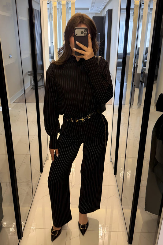 Striped Shirt and Pants Two-Piece Set - Black