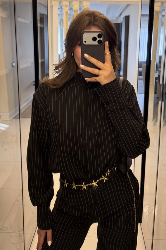 Striped Shirt and Pants Two-Piece Set - Black