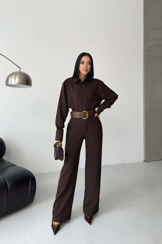 Striped Shirt and Pants Two-Piece Set - Brown