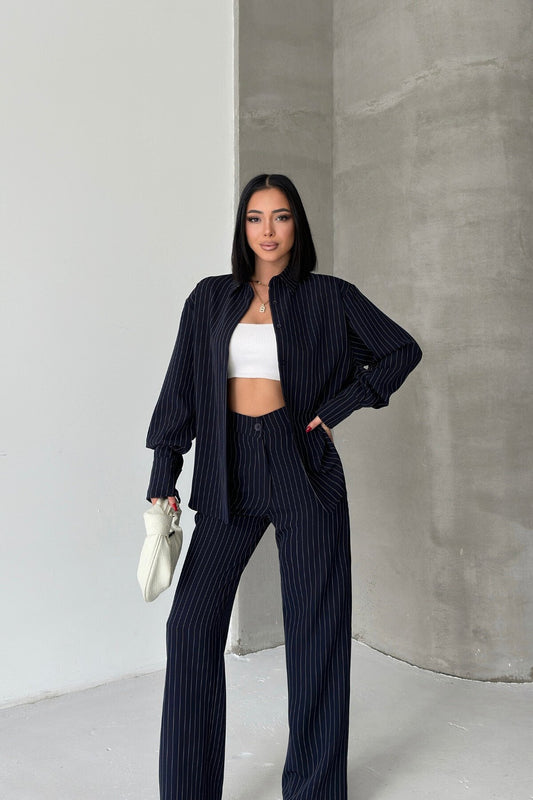 Striped Shirt and Pants Two-Piece Set - Navy Blue