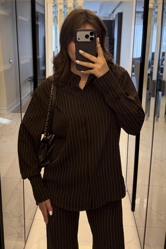 Striped Shirt and Trousers Set - Brown