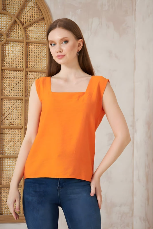 Summer Linen Square Neck Blouse - Orange