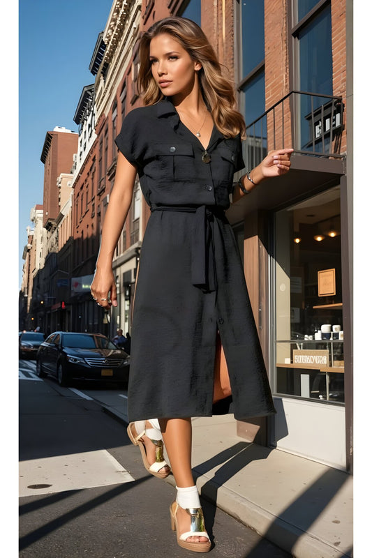 Summer Midi Short-Sleeve Button-Up Shirt Dress - Black