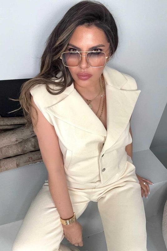 Sweat Fabric Vest Tracksuit Set - Cream