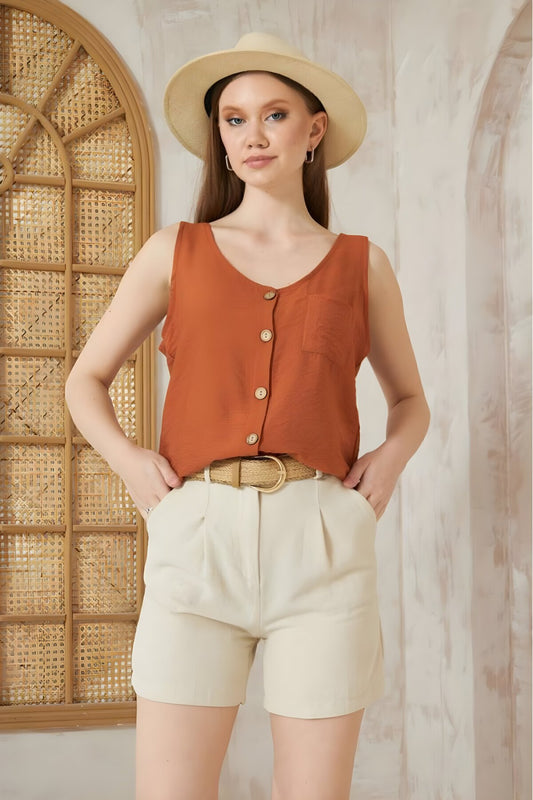 Thick Strap Linen Button-Detail Blouse - Terracotta