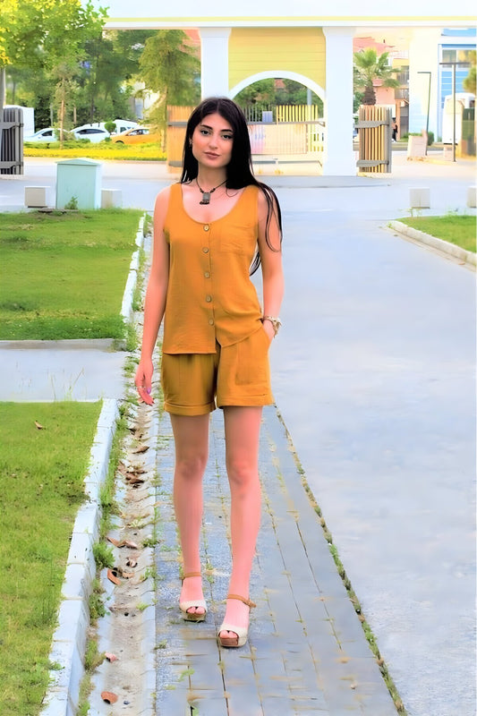 Thick Strapped Linen Round Neck Buttoned Blouse - Mustard