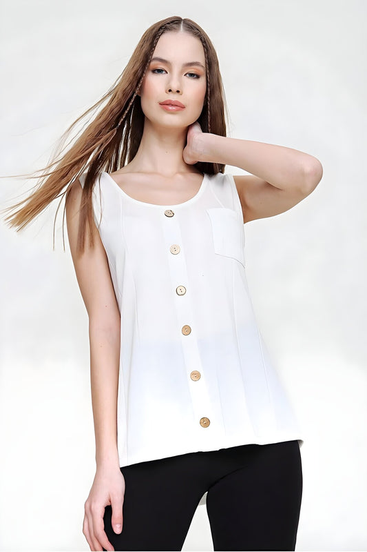 Thin Strap Knit Buttoned Blouse - Ecru