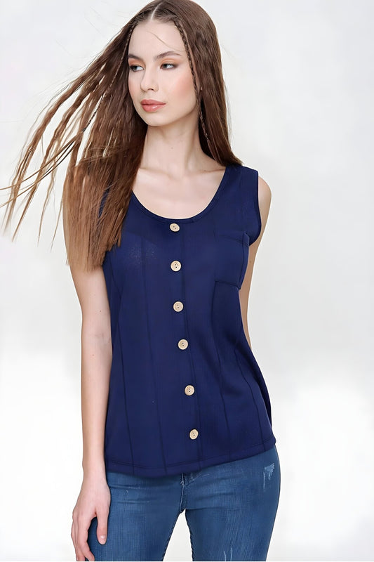 Thin Strap Knitted Knit Buttoned Blouse - Navy Blue