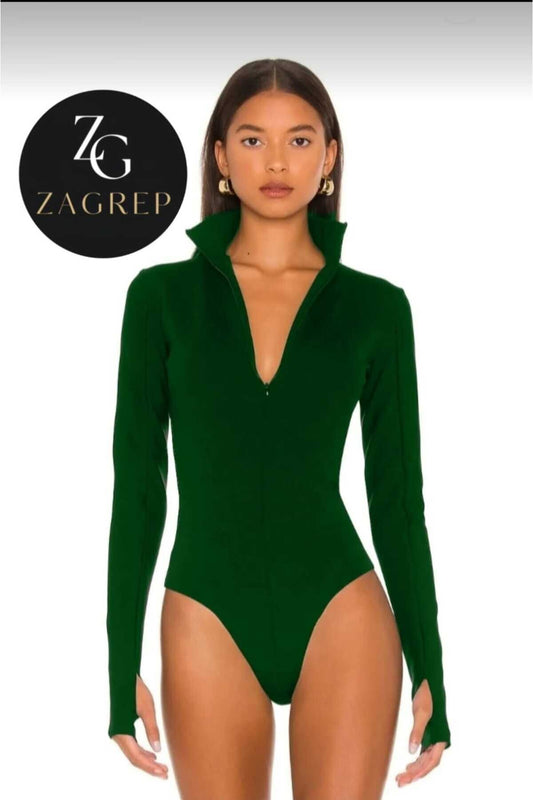 Thumbhole Front Hidden Zipper Bodysuit - Emerald Green
