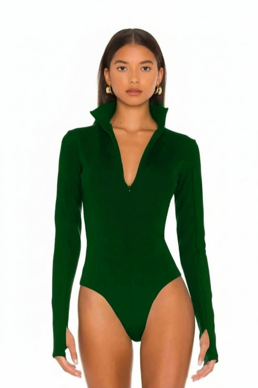 Thumbhole Front Hidden Zipper Bodysuit - Emerald Green