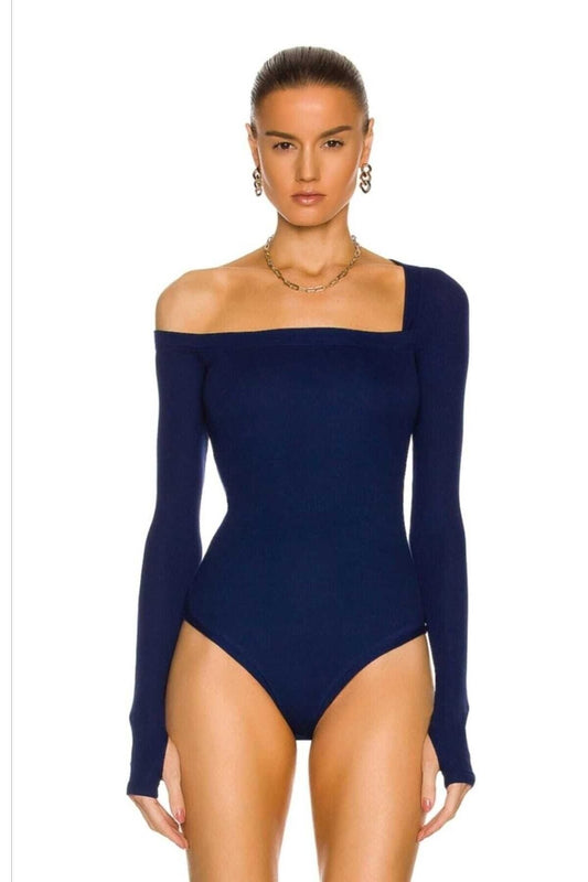 Thumbhole Silk Jersey Bodysuit - Navy Blue