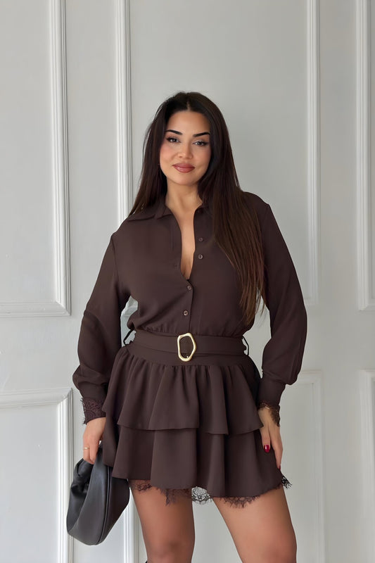 Tiered Mini Lace-Detail Shirt Dress - Brown