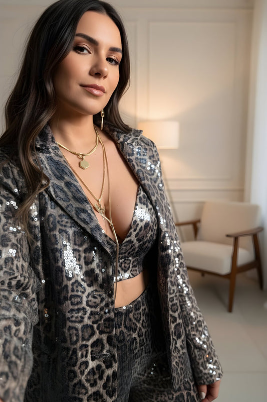 Triangle Cup Leopard Sequin Bustier - Black