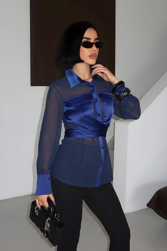 Tulle Belted Chest-Detail Shirt - Navy Blue