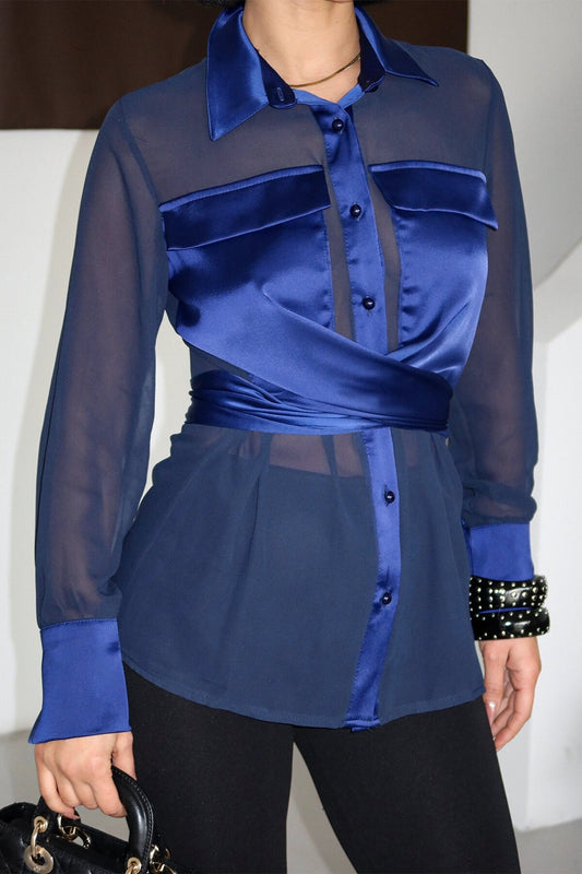 Tulle Belted Chest-Detail Shirt - Navy Blue