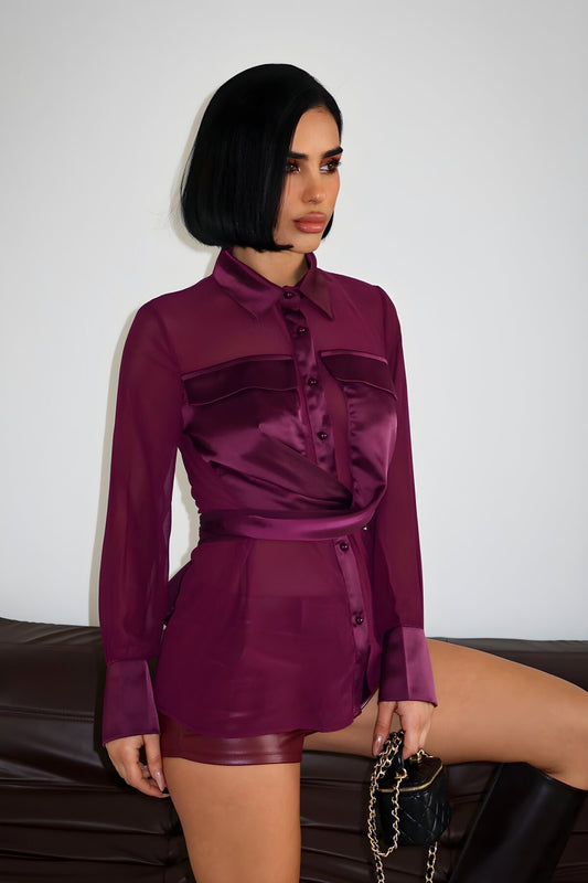 Tulle Chest Detail Belted Shirt - Burgundy