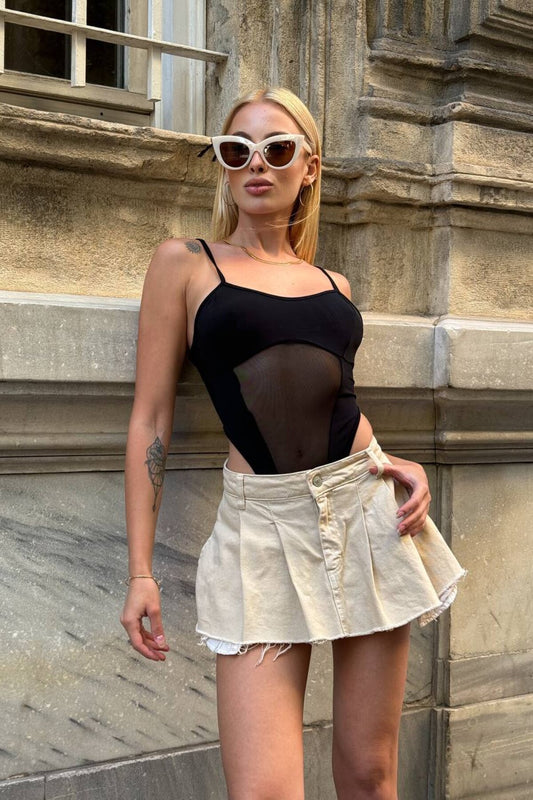 Tulle Corset Strappy Bodysuit - Black