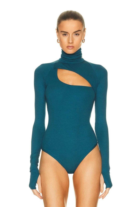 Turtleneck Cut-out Finger-Hole Bodysuit - Emerald Green