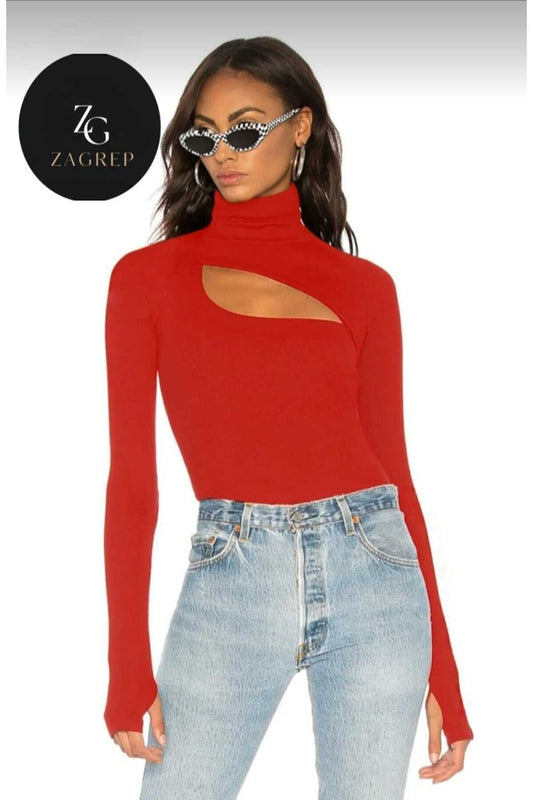 Turtleneck Cut-out Thumb-hole Bodysuit - Red
