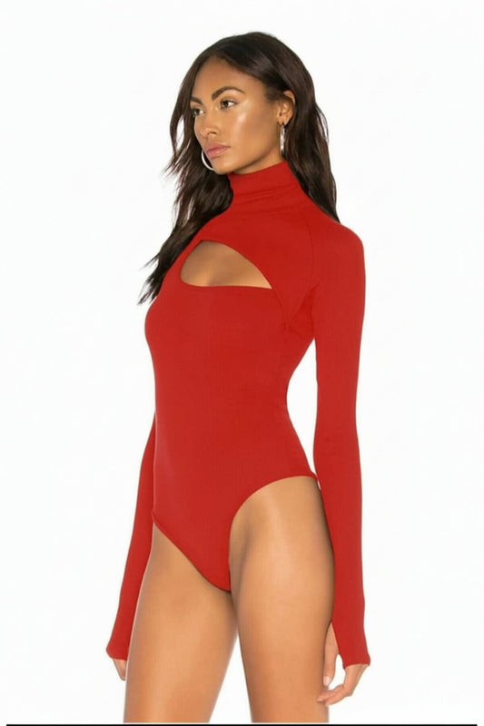 Turtleneck Cut-out Thumb-hole Bodysuit - Red