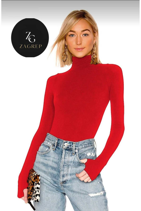 Turtleneck Double-Layered Silk Jersey Thumb-Hole Bodysuit - Red