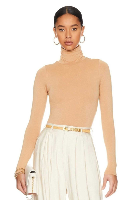 Turtleneck Silk Jersey Bodysuit - Beige