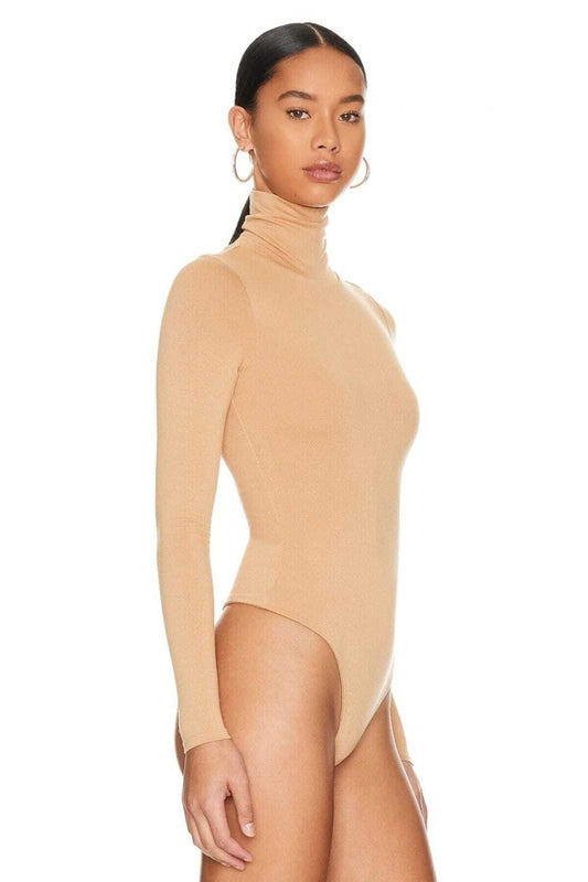 Turtleneck Silk Jersey Bodysuit - Beige