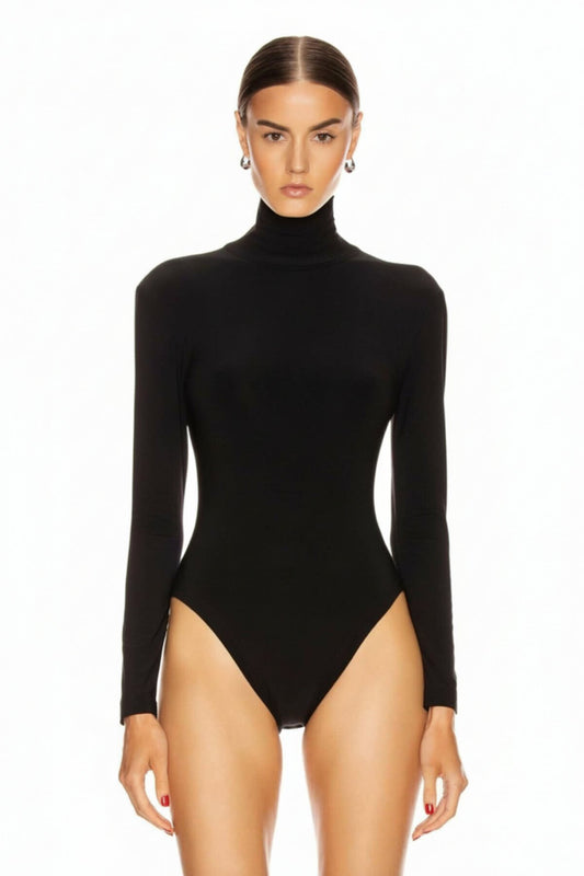 Turtleneck Silk Jersey Bodysuit - Black