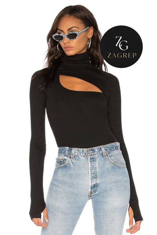 Turtleneck Silk Jersey Cutout Thumbhole Bodysuit - Black