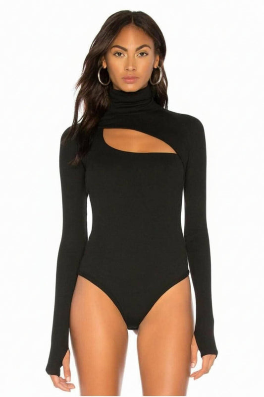 Turtleneck Silk Jersey Cutout Thumbhole Bodysuit - Black