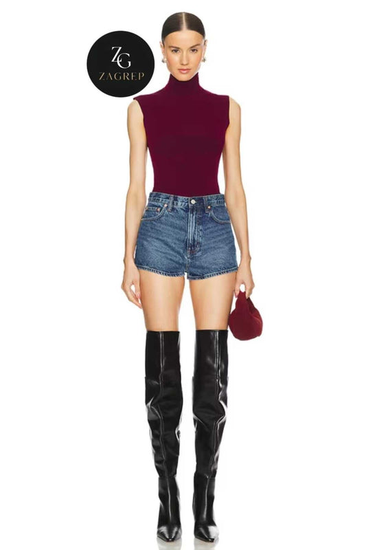 Turtleneck Silk Jersey Opaque Blouse - Burgundy