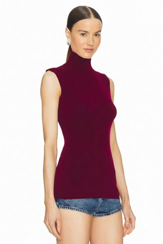 Turtleneck Silk Jersey Opaque Blouse - Burgundy