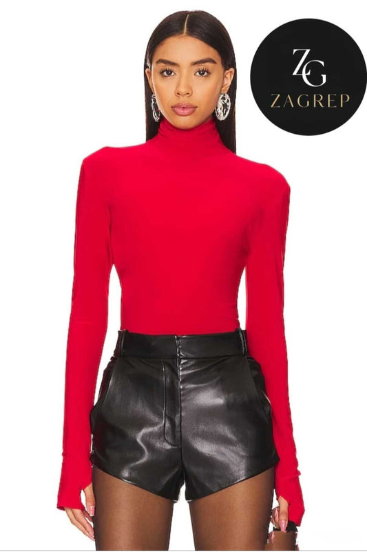 Turtleneck Silk Jersey Thumb Hole Blouse - Red