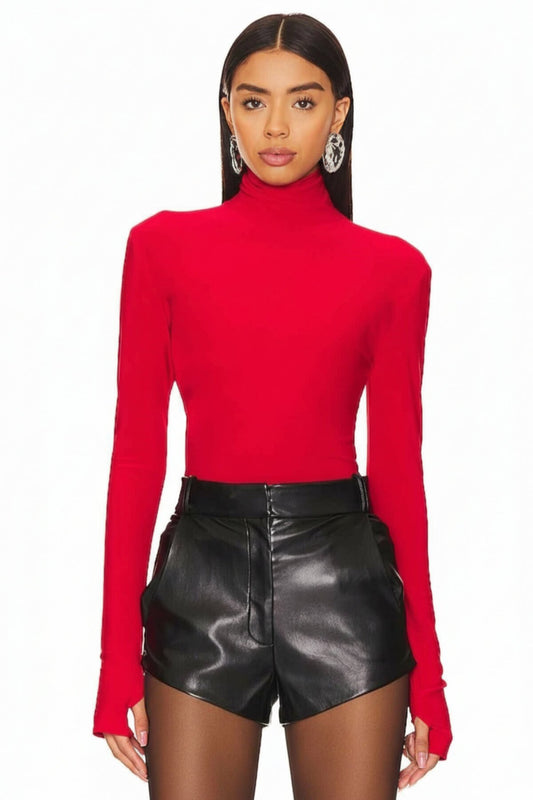 Turtleneck Silk Jersey Thumb Hole Blouse - Red