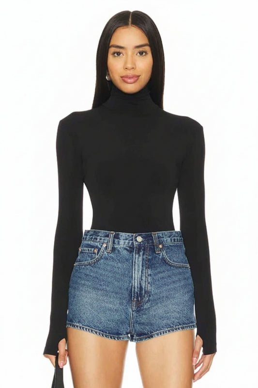 Turtleneck Silk Jersey Thumb-Hole Blouse - Red/Black