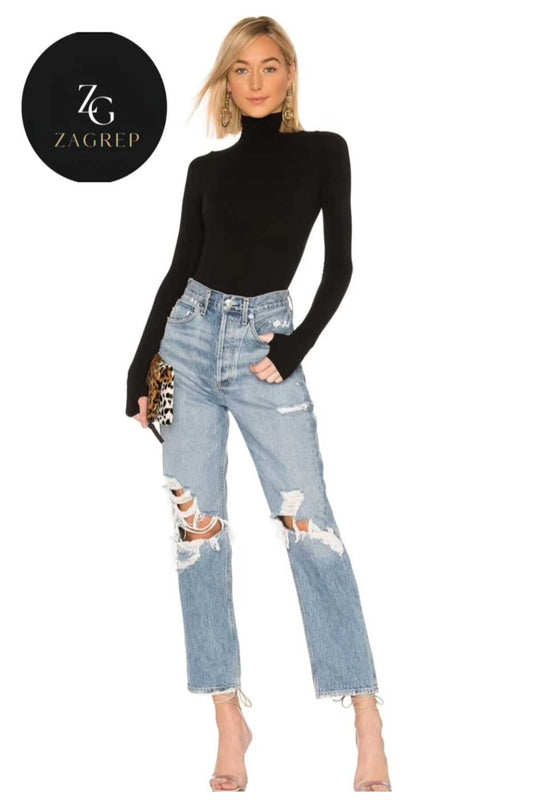 Turtleneck Silk Jersey Thumb Hole Bodysuit - Black