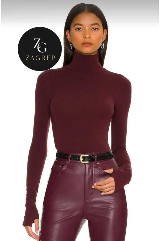 Turtleneck Silk Jersey Thumb Hole Bodysuit - Burgundy