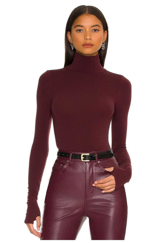 Turtleneck Silk Jersey Thumb Hole Bodysuit - Burgundy
