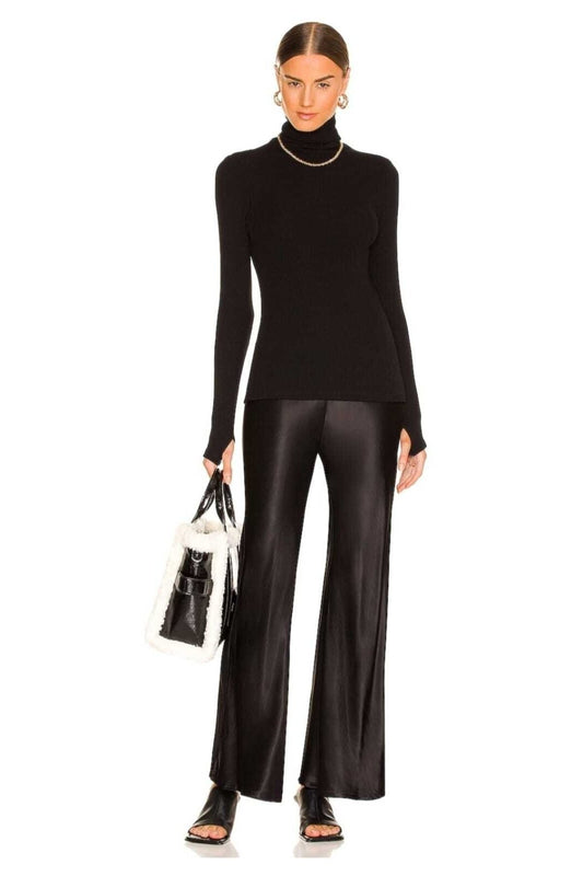 Turtleneck Silk Jersey Thumbhole Blouse - Black