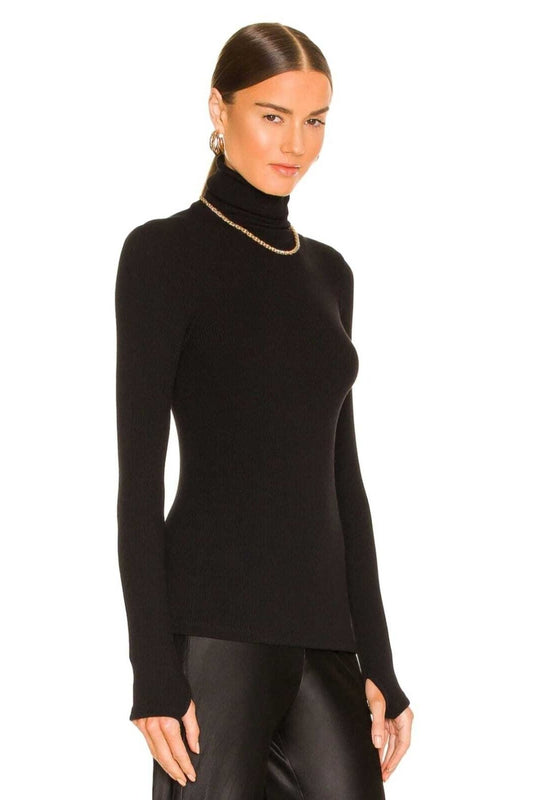 Turtleneck Silk Jersey Thumbhole Blouse - Black